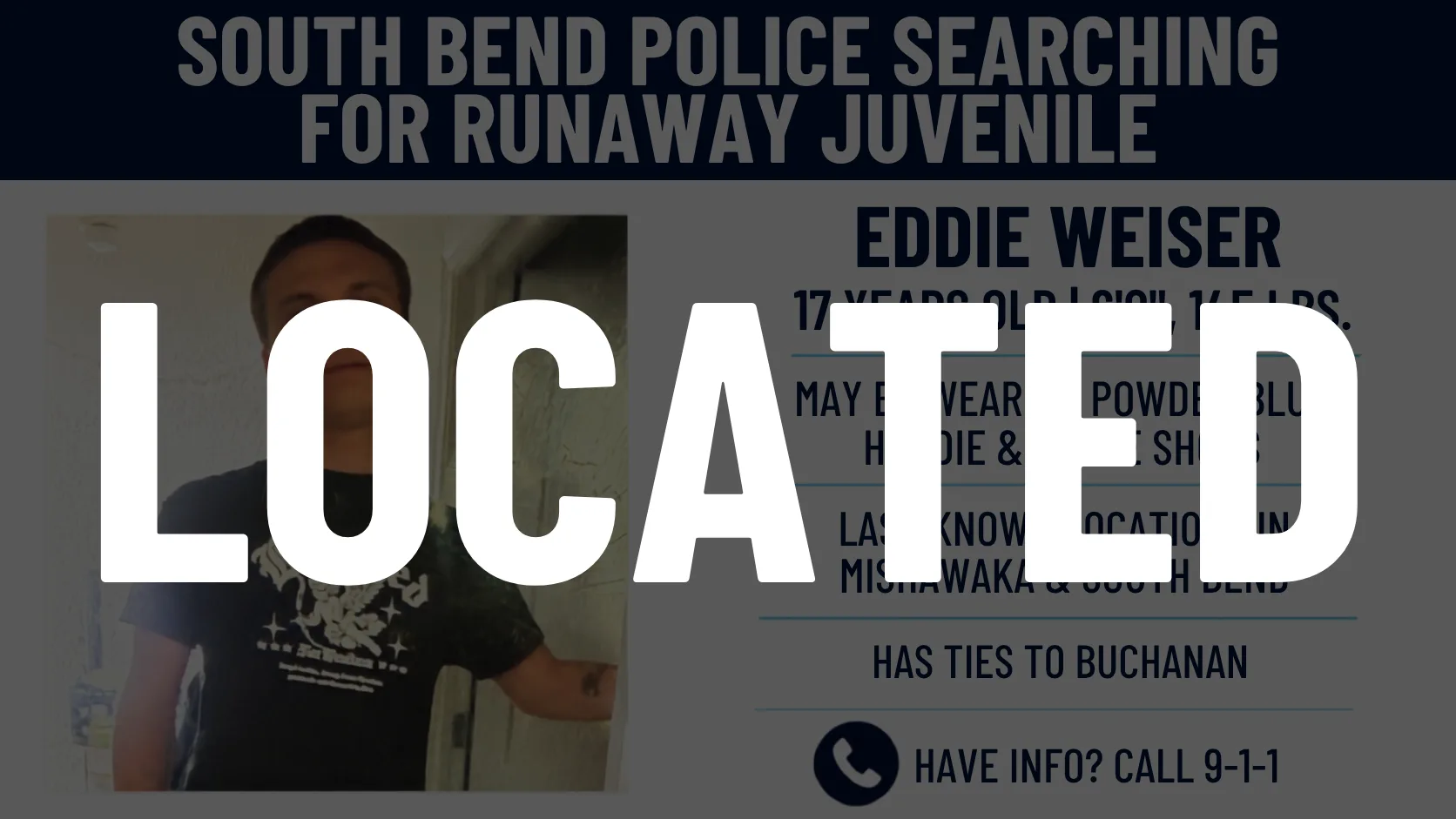 UPDATE: LOCATED South Bend Police Searching for Runaway Juvenile